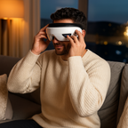 Man wearing a beige sweater using a VR headset in a cozy living room.