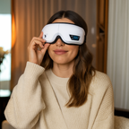 Woman wearing a white sleep mask in a cozy indoor setting